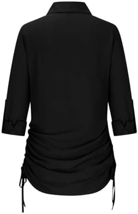 Women's Long Sleeve Button Down Shirt Dress Both Sides Drawstring Long Blouse Tunic Tops Collared Short Mini Dresses